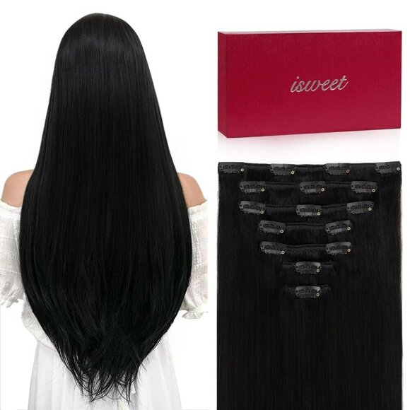 Other - Real Human Hair Extensions Clip Ins Straight 12 Inch 80g Jet Black Natural